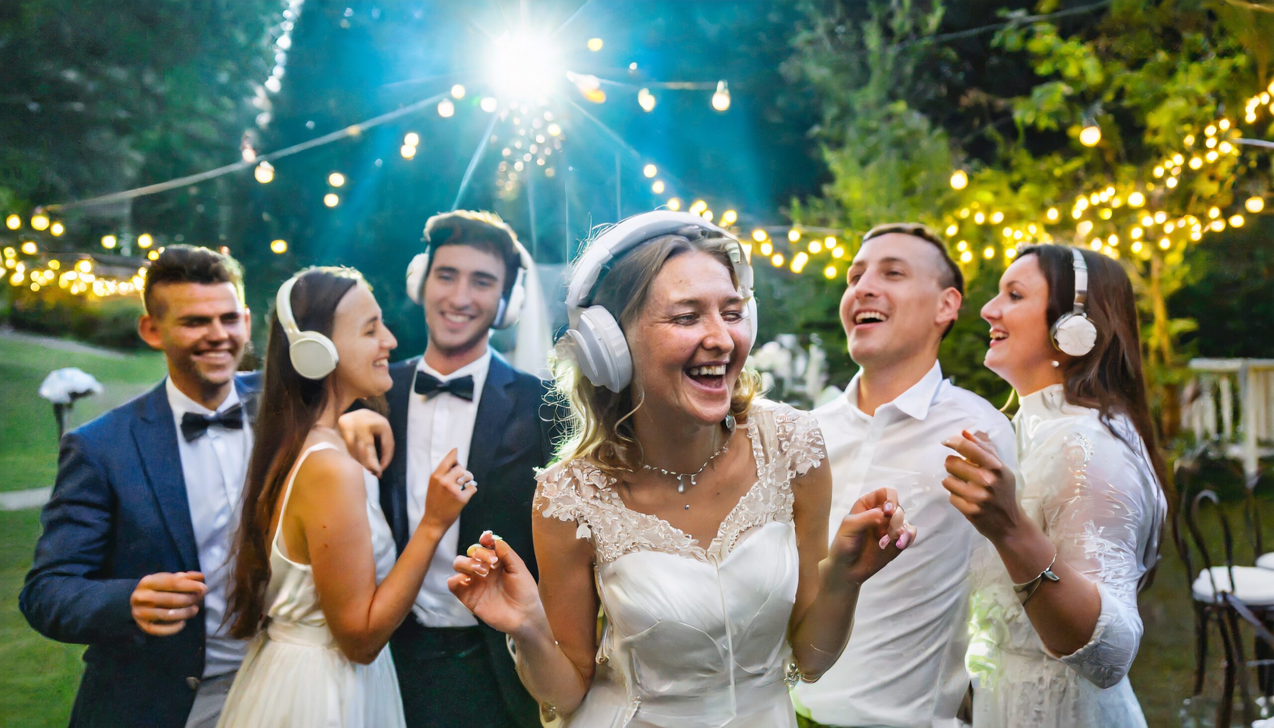 Firefly club party at a wedding. The guests are having fun and they are wearing glowing headphones.