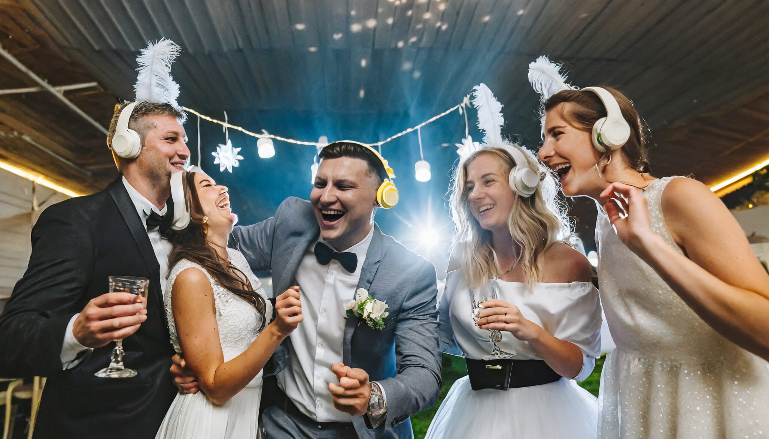 Firefly club party at a wedding. The guests are having fun and they are wearing glowing headphones. (1)