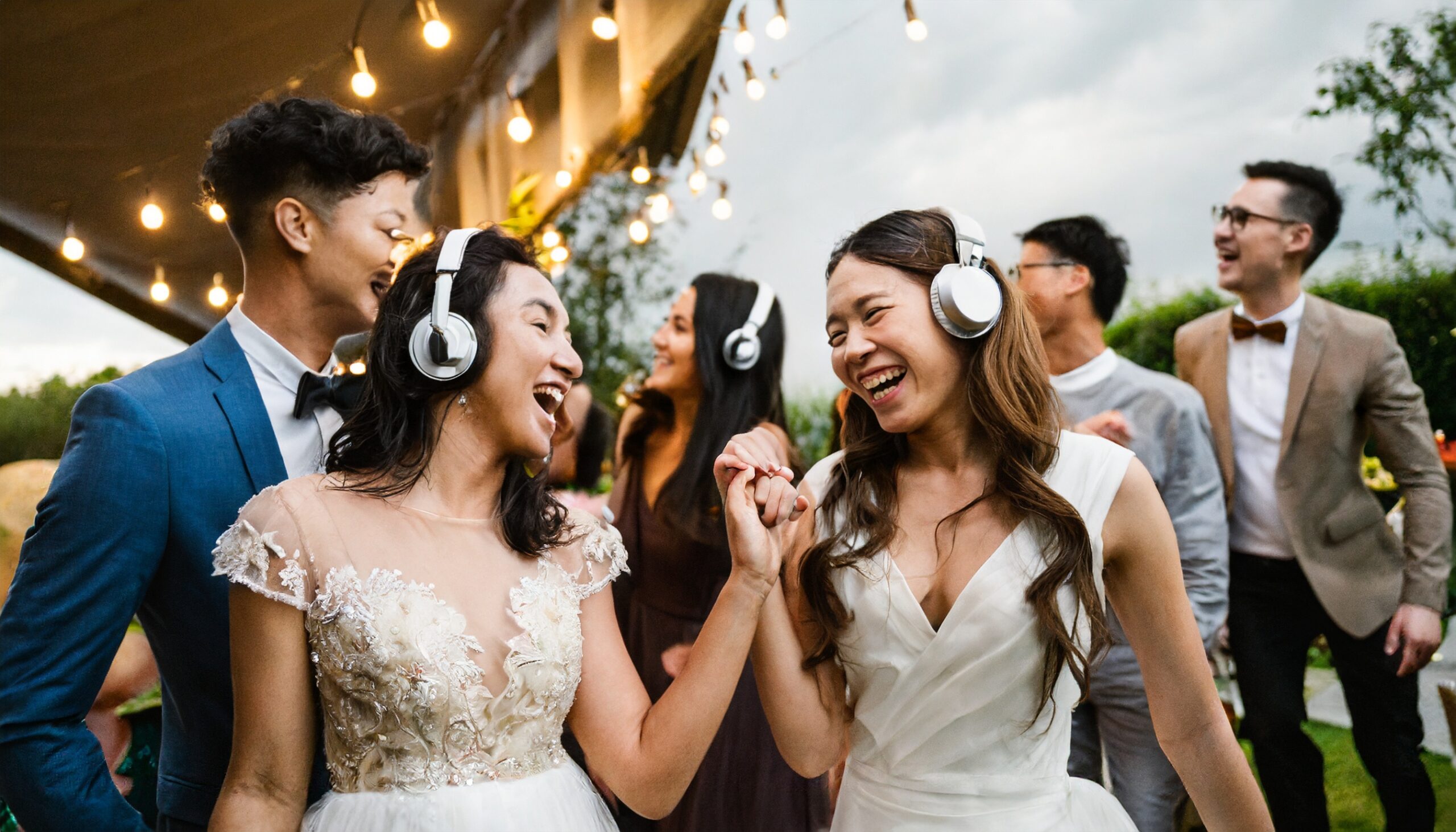 Firefly club party at a wedding. The guests are having fun and they are wearing glowing headphones. (3)